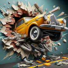 Abstract Background Design Of Car Jumping Out Of Broken Graffinti Wall 