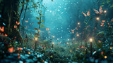 Fototapeta Fototapety z naturą - Whimsical forest scene with fairies and glowing plants under starlit sky, AI Generated