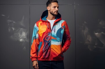 Innovative Man wear colorful windbreaker futuristic. Man model vacation style individual. Generate Ai