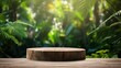 empty top table pine wood podium texture in tropical outdoor garden green plant blur background with copy space.organic healthy natural product present promotion display,nature design. Generative Ai