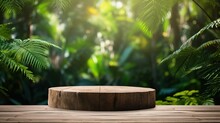 Empty Top Table Pine Wood Podium Texture In Tropical Outdoor Garden Green Plant Blur Background With Copy Space.organic Healthy Natural Product Present Promotion Display,nature Design. Generative Ai