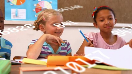 Canvas Print - Animation of numbers over diverse schoolchildren at school