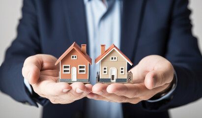 In the two hands of the man in the jacket are two mock-ups of houses, the concept of housing choices