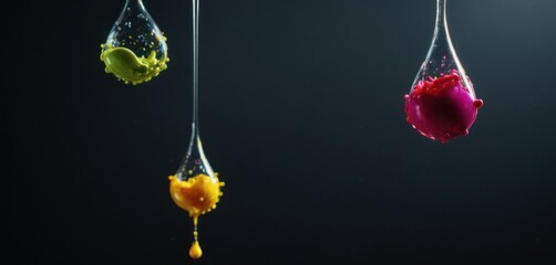 Poster -  a group of water drops hanging from a line of hanging water drops with a red flower in the middle of the drop, and a yellow flower in the middle of the drop, on a black background.