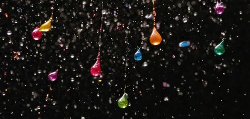  a group of multicolored drops of water falling off of a black background with a black sky in the background.