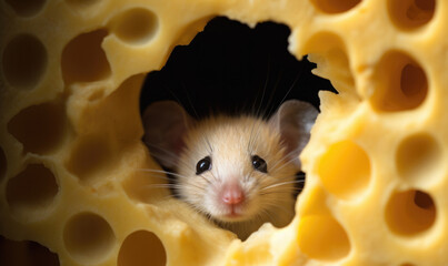 Wall Mural - A little mouse is making a hole in the cheese and peeking out of it