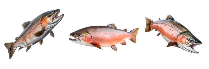 Wall Mural - Set of salmon fishes cut out on a transparent background. Red salmon fishes emerges from the water. Design element to be inserted into an aquarium design or project