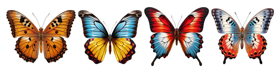 Wall Mural - Set of multicolored butterflies carved on a transparent background. Multicolored butterflies as a concept for nature and insect protection. A design element to be inserted into a design or project.