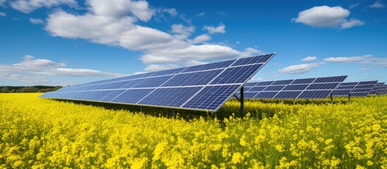 Canvas Print - Photovoltaic panels and canola field.