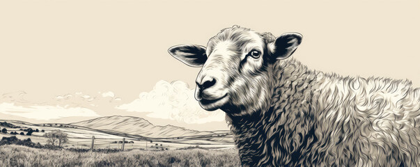 Wall Mural - Sheep in engrve shape or black ink drawn on white paper or background.