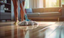 Close Up Photo Of Young Woman Cleaning Floor With A Wet Mop