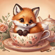 Cute little baby fox sitting inside a teacup. Cartoon digital art.