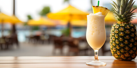 closeup photo of fresh cold alcoholic fruit pina colada cocktail drink glass with cream and pineapple with blurry tropical beach bar in the background. -