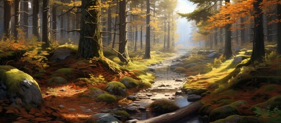 Poster - Sunny autumn day with a puddle on a forest path.