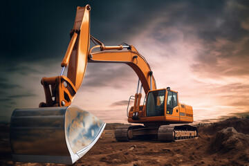 Wall Mural - Excavator on earthmoving at open pit mining on sunset. Backhoe digs sand and gravel in quarry. Heavy construction equipment on excavation at construction site. Mining Excavator in open-pit. Open cast