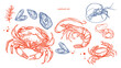 	
Hand drawn isolated vector set of shrimps and oysters. Shrimps and langoustines on a white background. Prawns. Seafood, food vintage illustration 