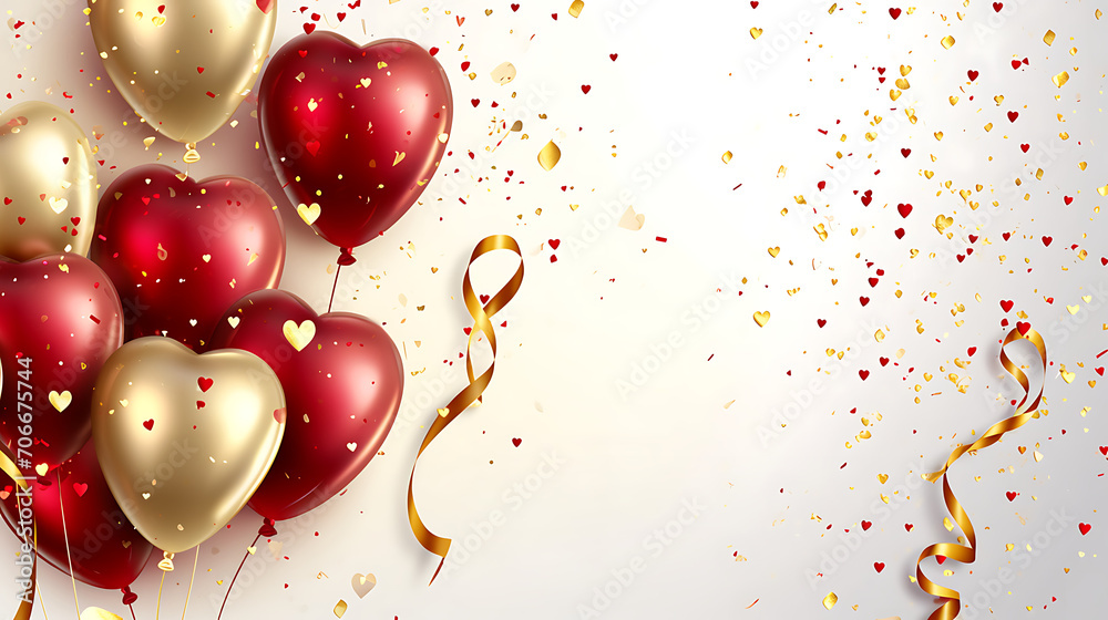 Holiday background with golden and red metallic balloons, confetti and ...