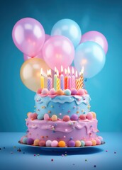Canvas Print - a birthday cake with birthday candles and balloons on a blue background