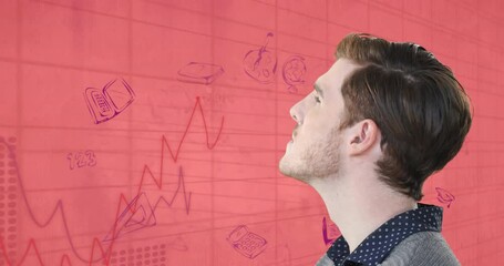 Poster - Animation of thoughtful caucasian male student over graphs and learning icons on pink paper