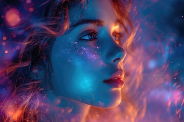 Wall Mural - beautiful fantasy abstract portrait of a beautiful woman double exposure with a colorful digital paint splash or space nebula