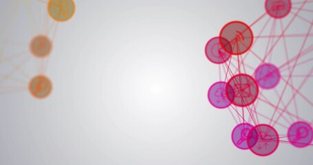 Sticker - Animation of pink and yellow networks of media icons floating on white background