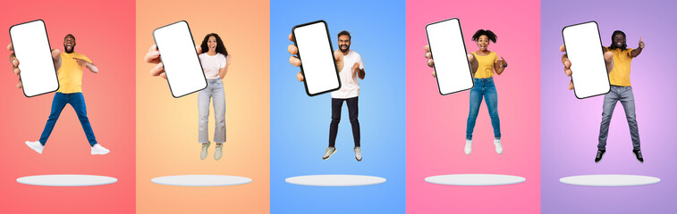 Poster - Great App. Joyful Young People Jumping With Big Blank Smartphone In Hand