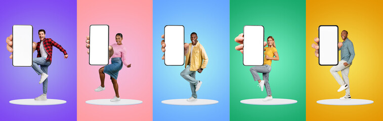 Poster - Mobile Ad. Excited Happy People Showing Big Blank Smartphones In Hand