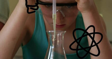 Poster - Animation of scientific drawings over caucasian schoolgirl in laboratory