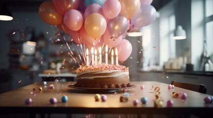 Wall Mural - birthday cake with candles and balloons on a table in an office