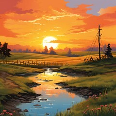 Wall Mural - Amazing serene sunrise colorful field nature wallpaper image Ai generated art