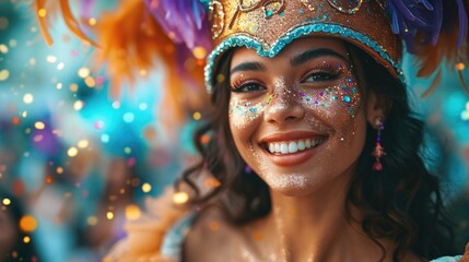 A woman with glitter on her face is smiling. Young woman in costume celebrating Mardi Gras carnival.