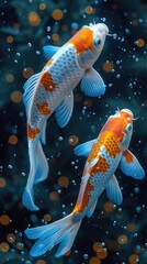 Wall Mural - Two orange and white koi fish swimming in a pond.