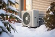 An air conditioning unit outside a house or a heat pomp, surrounded by snow and partially obscured by shrubbery.