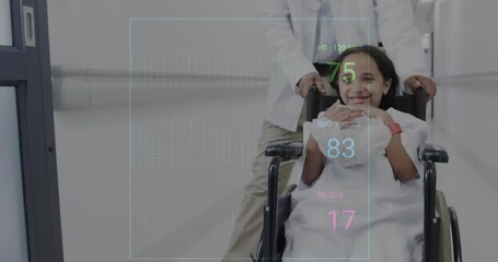 Poster - Animation of heart rate monitor against biracial girl patient on wheelchair smiling at hospital