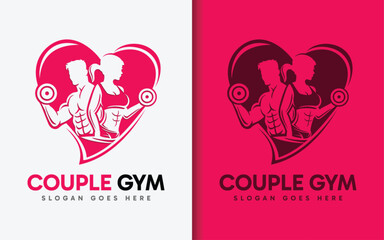 Aufkleber - Couple Gym Logo Design. Silhouette of a man and woman lifting dumbbells combined with a love shape. Vector logo illustration.