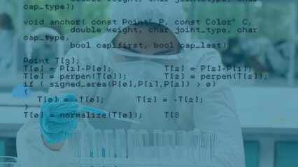 Poster - Animation of data processing against female scientist working at laboratory