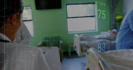 Wall Mural - Animation of heart rate monitor over biracial female healthworker with clipboard walking in hospital