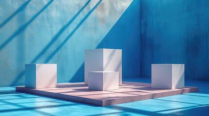 Wall Mural - A group of white cubes sitting on top of a blue floor.