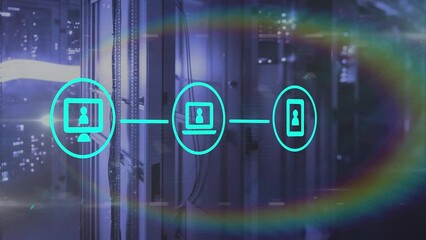 Poster - Animation of network of digital icons and rainbow lens flare against computer server room