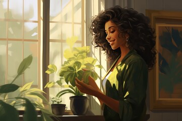 Wall Mural - Young diverse woman taking care of green house plants at home. Millennial person holding potted plant. Gardening urban jungle hobby.	