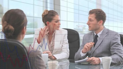 Poster - Animation of multiple graphs with changing numbers over diverse coworkers sharing ideas in office