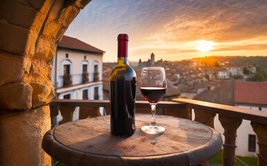 A glass and a bottle of red wine on a table with a beautiful landscape in background at the sunset.