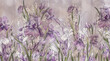 Pastel irises drawn with an outline in a watercolor style, textured canvas, photo wallpaper for room interiors.