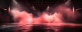 Fototapeta Perspektywa 3d - The dark stage shows, empty peachy, rose, blush background, neon light, spotlights, The asphalt floor and studio room with smoke