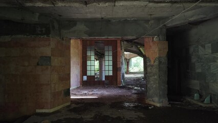 Wall Mural - Abandoned building with columns and stained glass window in roof. Deserted lost place, no people.