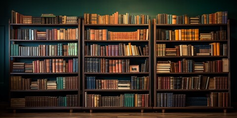 Wall Mural - A wooden bookcase filled with books in a home setting, shelves with books