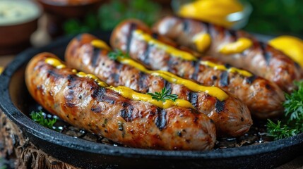 kovbasa (Ukrainian sausage), sizzling with grill marks, adorned with a splash of mustard, rustic tavern setting