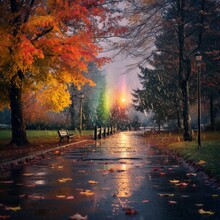 Beautiful Autumn Weather Rain Night High Quality Wallpaper Image Ai Generated Art