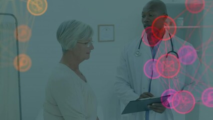 Poster - Animation of network of connections with icons over diverse male doctor and female patient