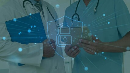 Poster - Animation of padlock icon with spots over diverse male doctors